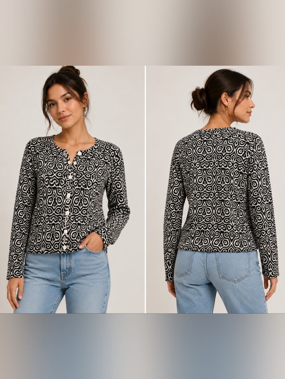 J. Crew Black White Patterned Women's Cardigan Women's Small S Linen Silk EUC